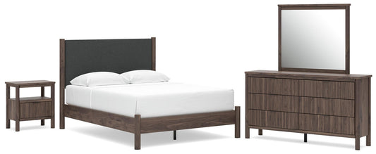 Cadmori Upholstered Panel Platform Bed, Dresser, Mirror And Nightstand