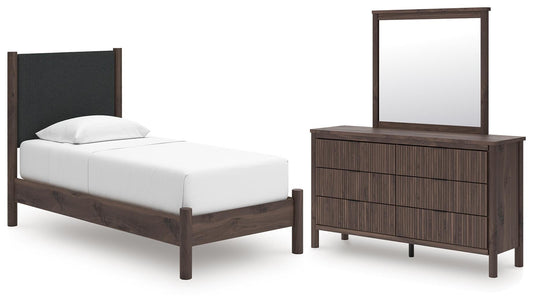 Cadmori Upholstered Panel Platform Bed, Dresser And Mirror