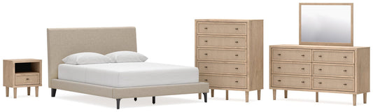 Cielden Upholstered Bed With Roll Slats, Dresser, Mirror, Chest And Nightstand