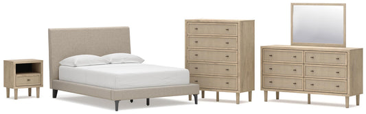 Cielden Upholstered Bed With Roll Slats, Dresser, Mirror, Chest And Nightstand