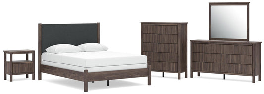 Cadmori Upholstered Panel Bed, Dresser, Mirror, Chest And Nightstand