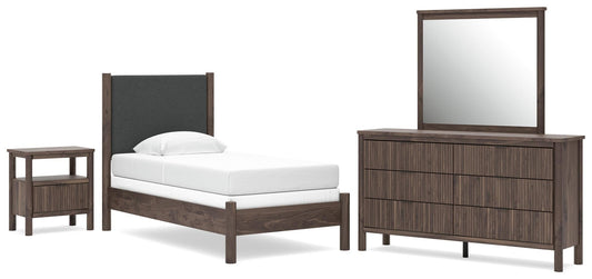 Cadmori Upholstered Panel Bed, Dresser, Mirror And Nightstand