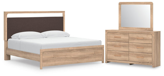 Hollymount Upholstered Platform Bed, Dresser And Mirror