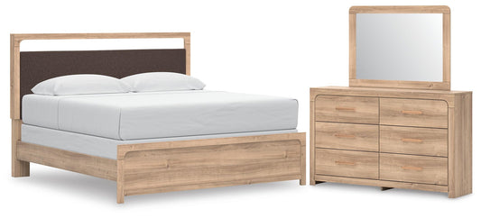 Hollymount Upholstered Panel Bed, Dresser And Mirror