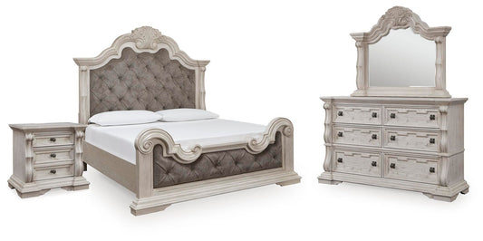 Andonhall California Upholstered Panel Bed With Mirrored Dresser And Nightstand