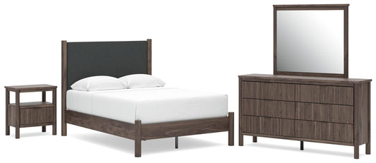 Cadmori Upholstered Panel Platform Bed, Dresser, Mirror And Nightstand