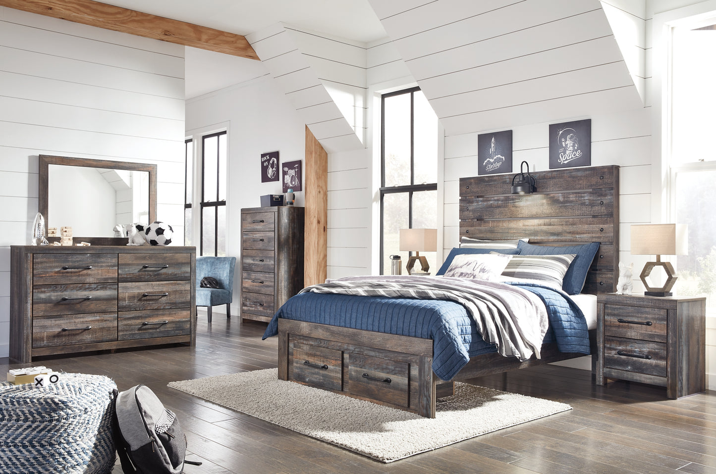 Drystan Panel Bed With 2 Storage Drawers With Mirrored Dresser, Chest And 2 Nightstands
