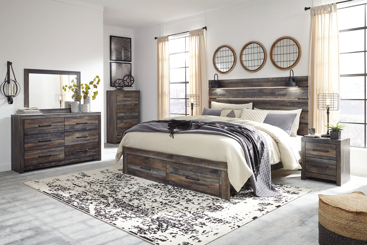 Drystan  Panel Bed With Storage With Mirrored Dresser And Chest