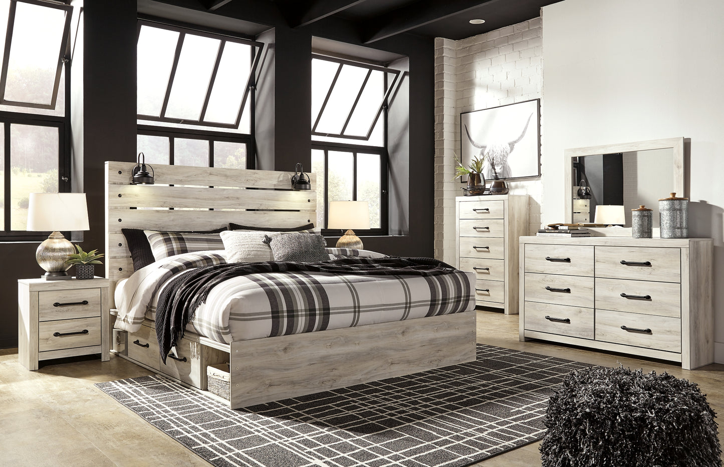 Cambeck Panel Bed With 4 Storage Drawers With Mirrored Dresser, Chest And Nightstand