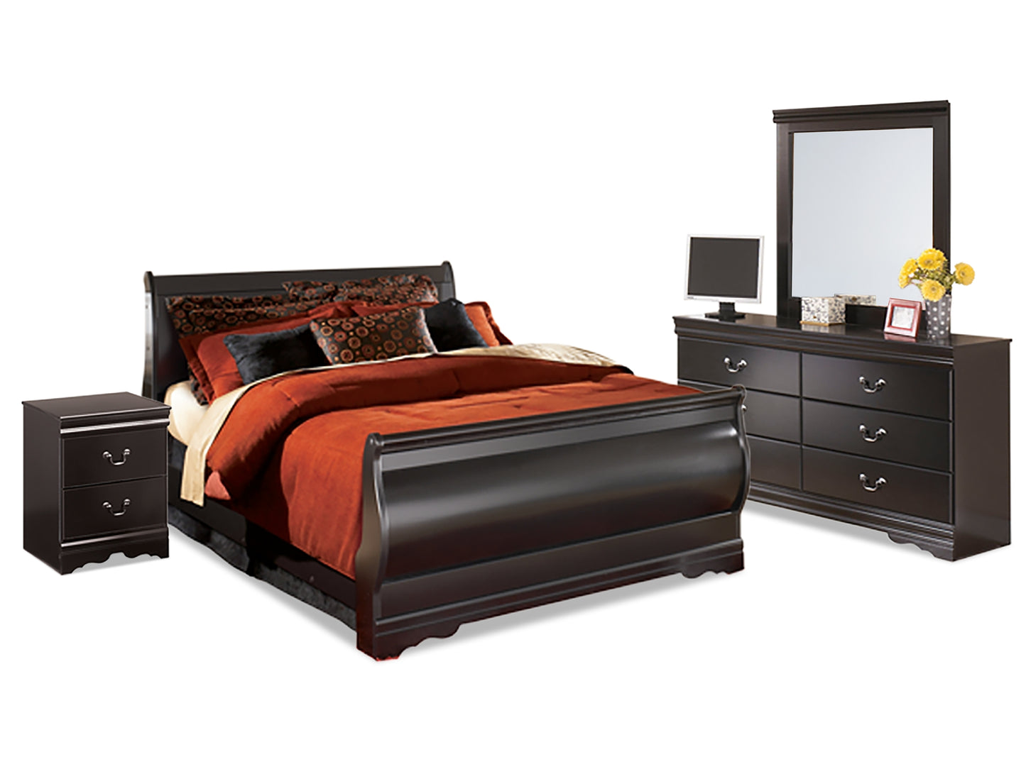 Huey Vineyard Sleigh Bed With Mirrored Dresser And Nightstand
