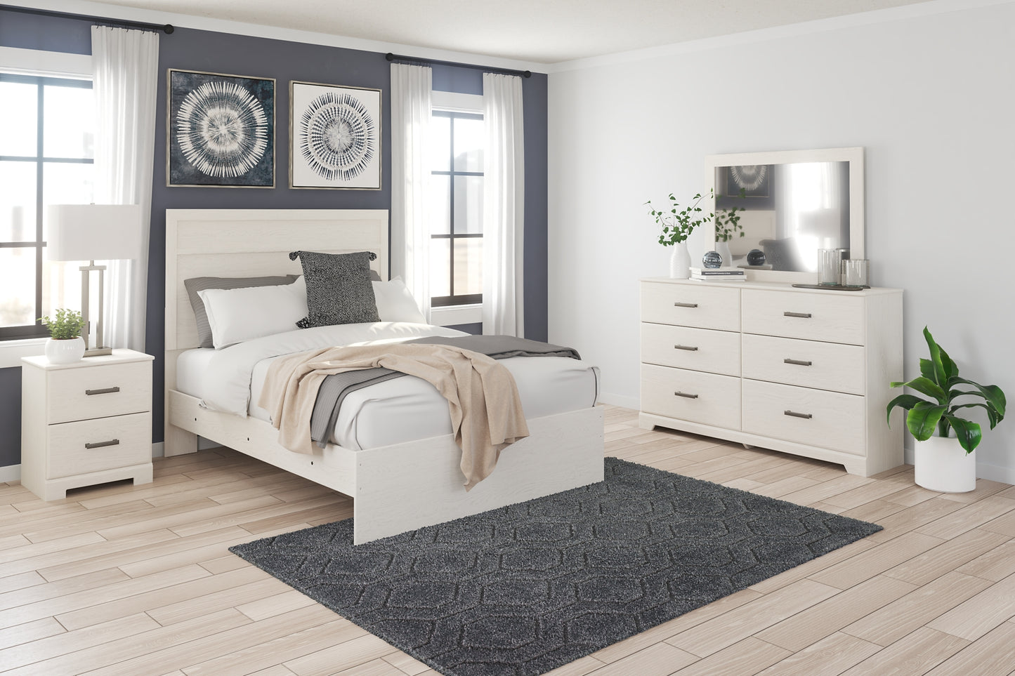 Stelsie Panel Bed With Mirrored Dresser And Nightstand