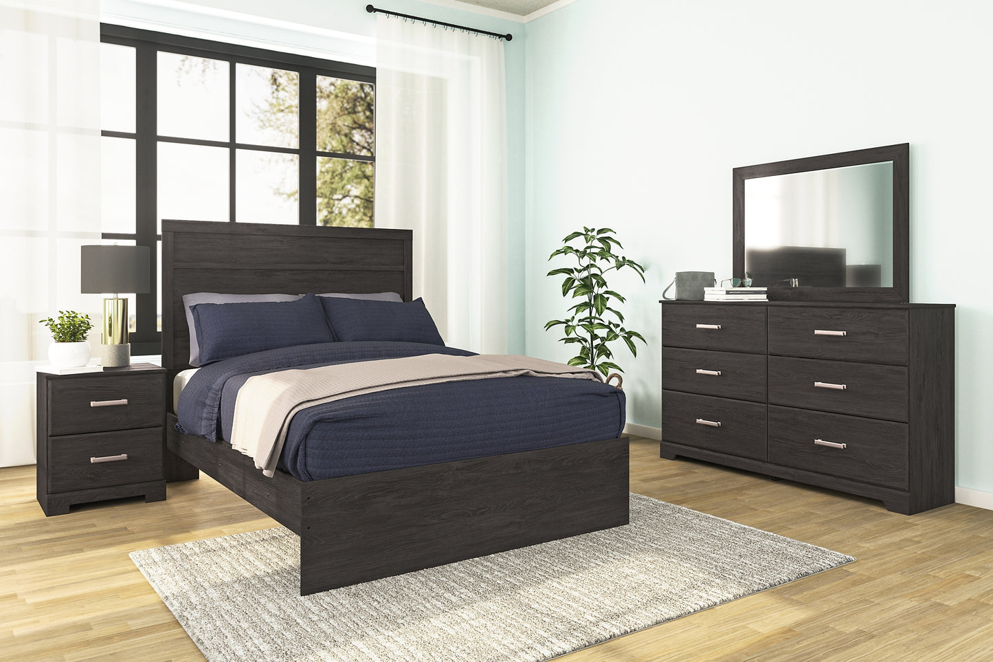 Belachime Panel Bed With Mirrored Dresser And Nightstand