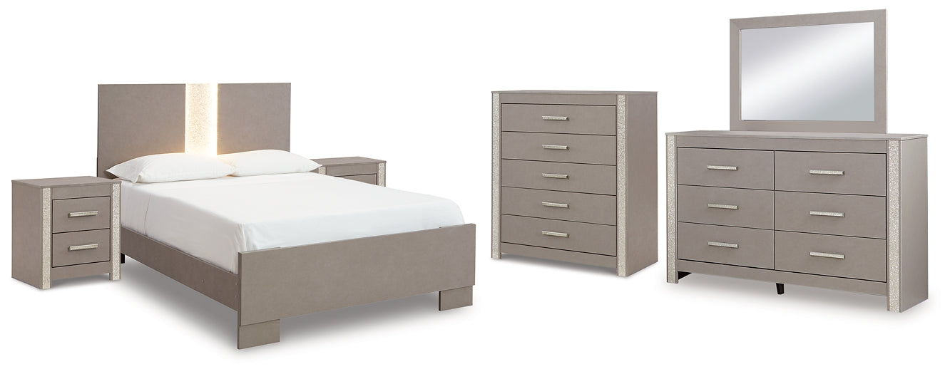 Surancha Panel Bed With Mirrored Dresser, Chest And 2 Nightstands