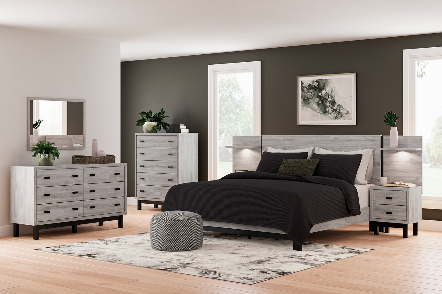 Vessalli Panel Bed With Mirrored Dresser And Chest