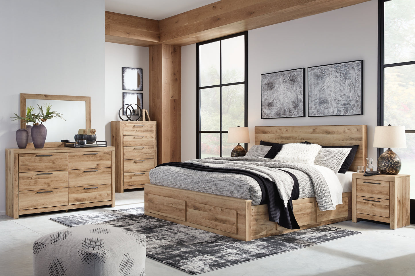 Hyanna Panel Storage Bed With Mirrored Dresser, Chest And Nightstand