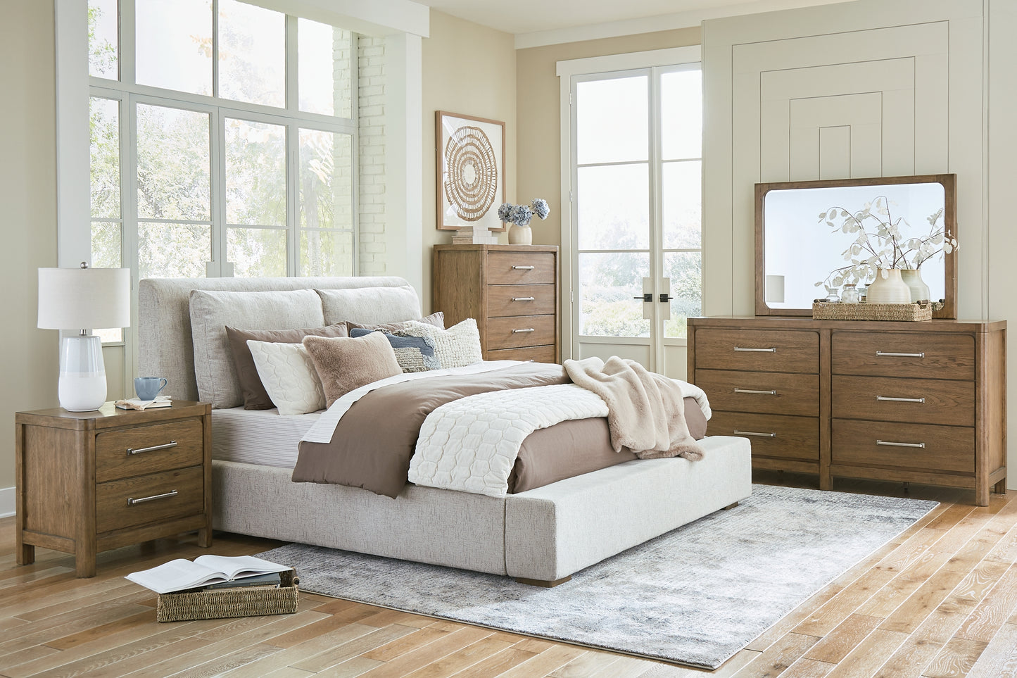 Cabalynn Upholstered Bed With Mirrored Dresser, Chest And Nightstand