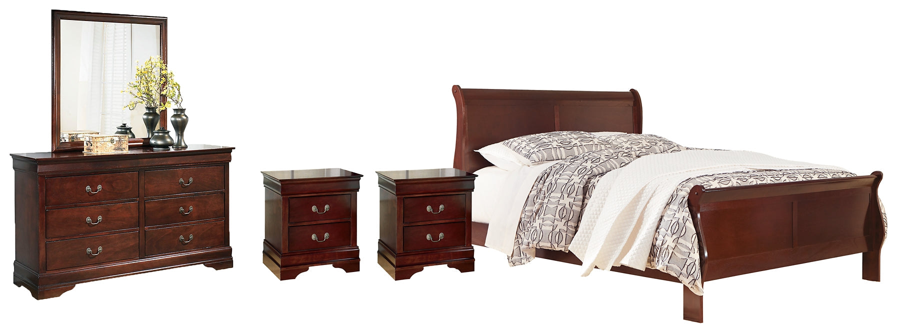 Alisdair Queen Sleigh Bed with Mirrored Dresser, Chest and 2 Nightstands Rent Wise Rent To Own Jacksonville, Florida