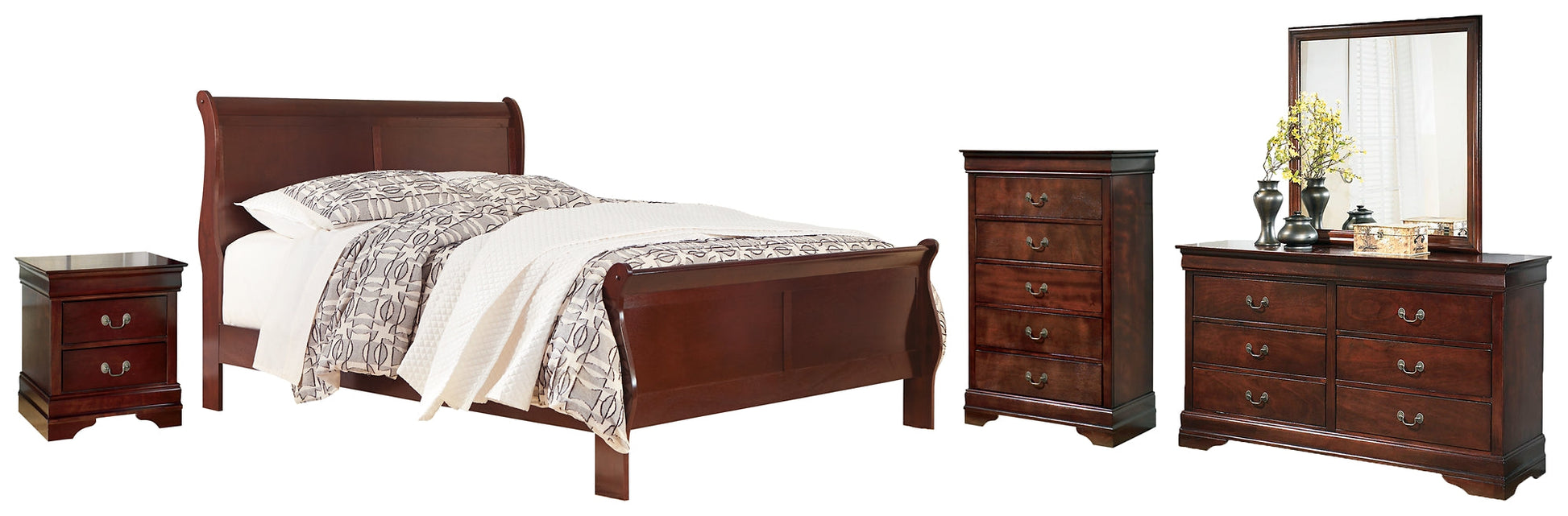Alisdair Queen Sleigh Bed with Mirrored Dresser, Chest and Nightstand Rent Wise Rent To Own Jacksonville, Florida