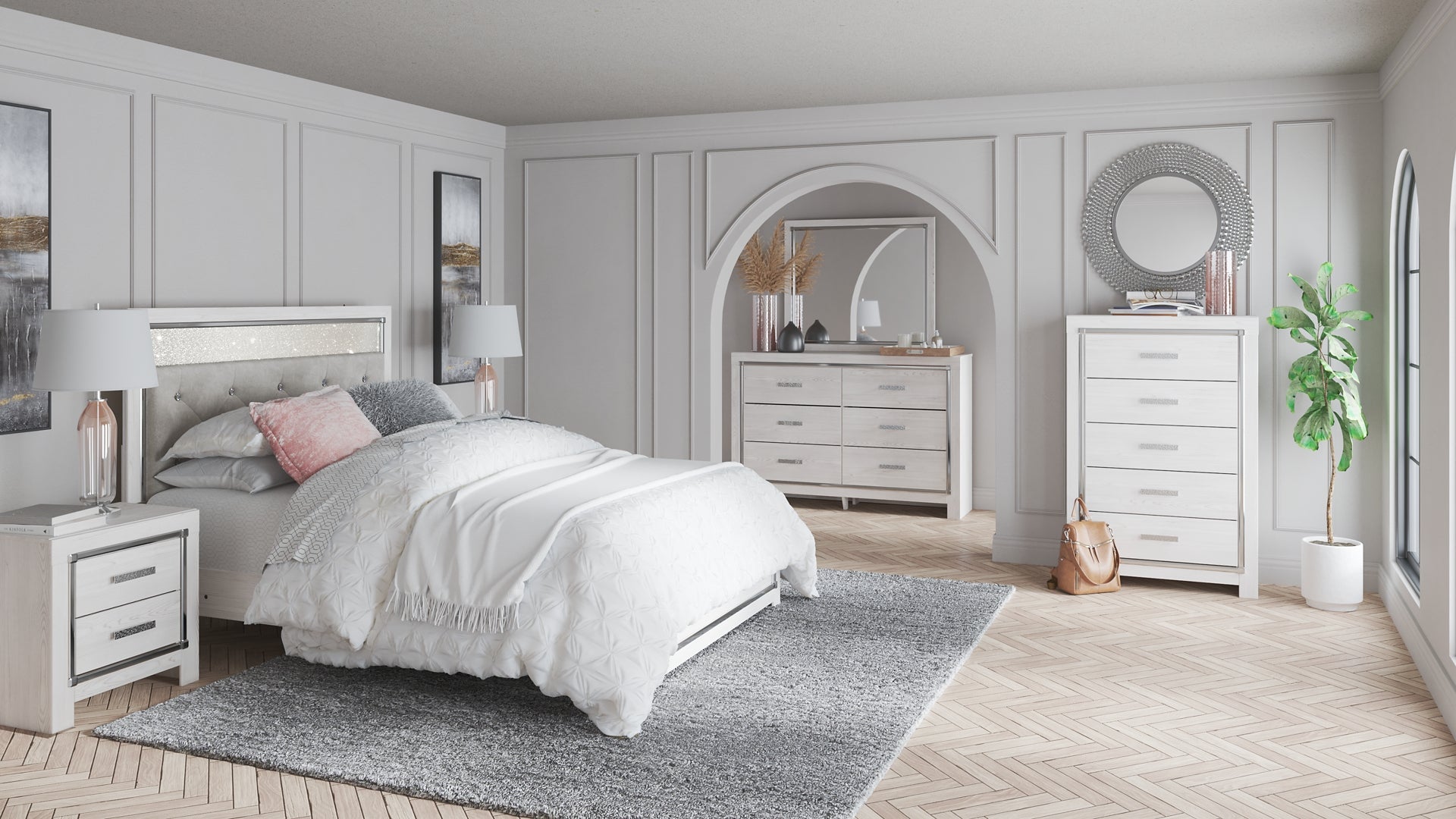 Altyra Queen Panel Headboard with Mirrored Dresser and 2 Nightstands Rent Wise Rent To Own Jacksonville, Florida