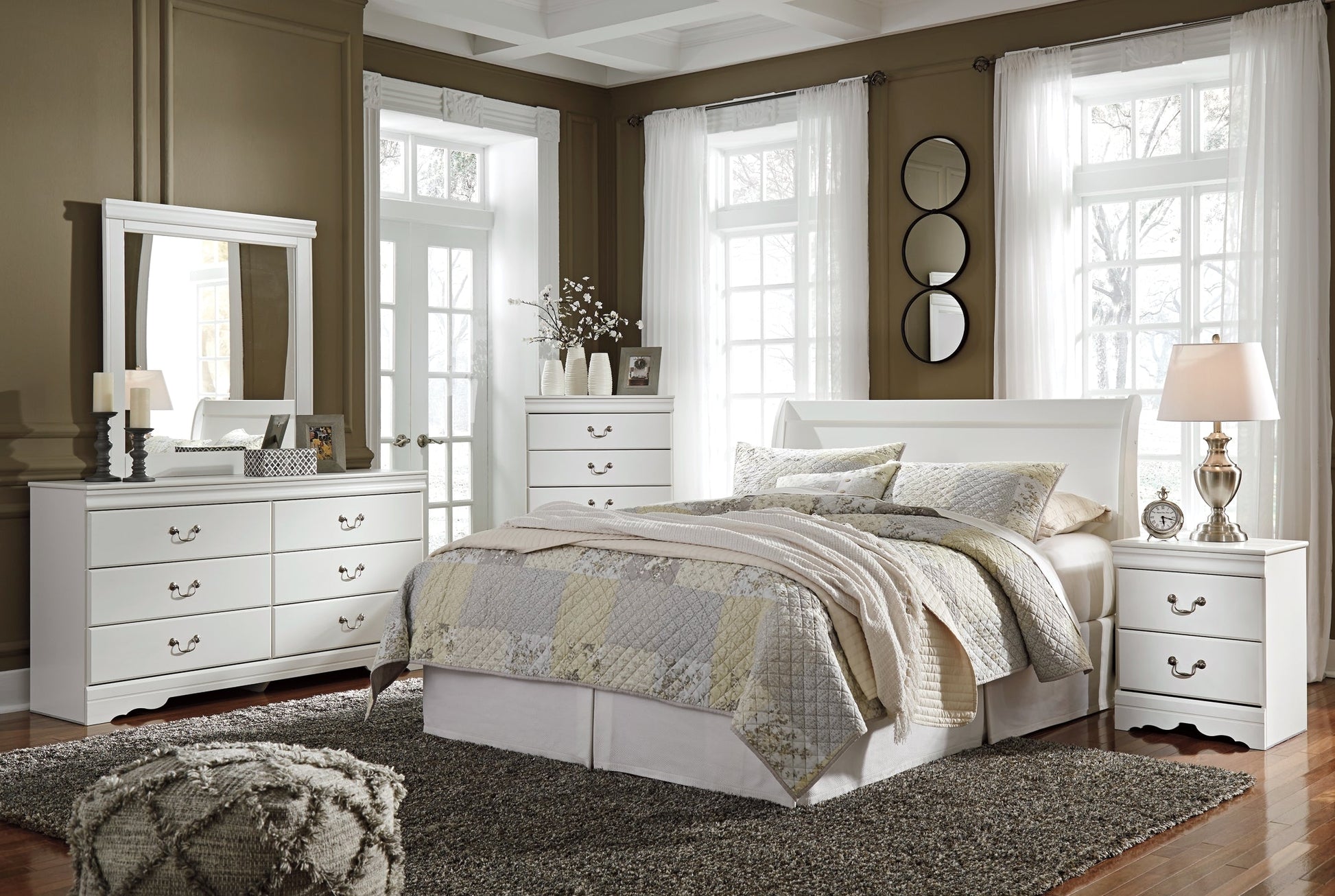 Anarasia Queen Sleigh Headboard with Mirrored Dresser, Chest and 2 Nightstands Rent Wise Rent To Own Jacksonville, Florida
