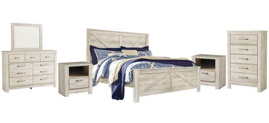 Bellaby Queen Crossbuck Panel Bed with Mirrored Dresser, Chest and 2 Nightstands Rent Wise Rent To Own Jacksonville, Florida