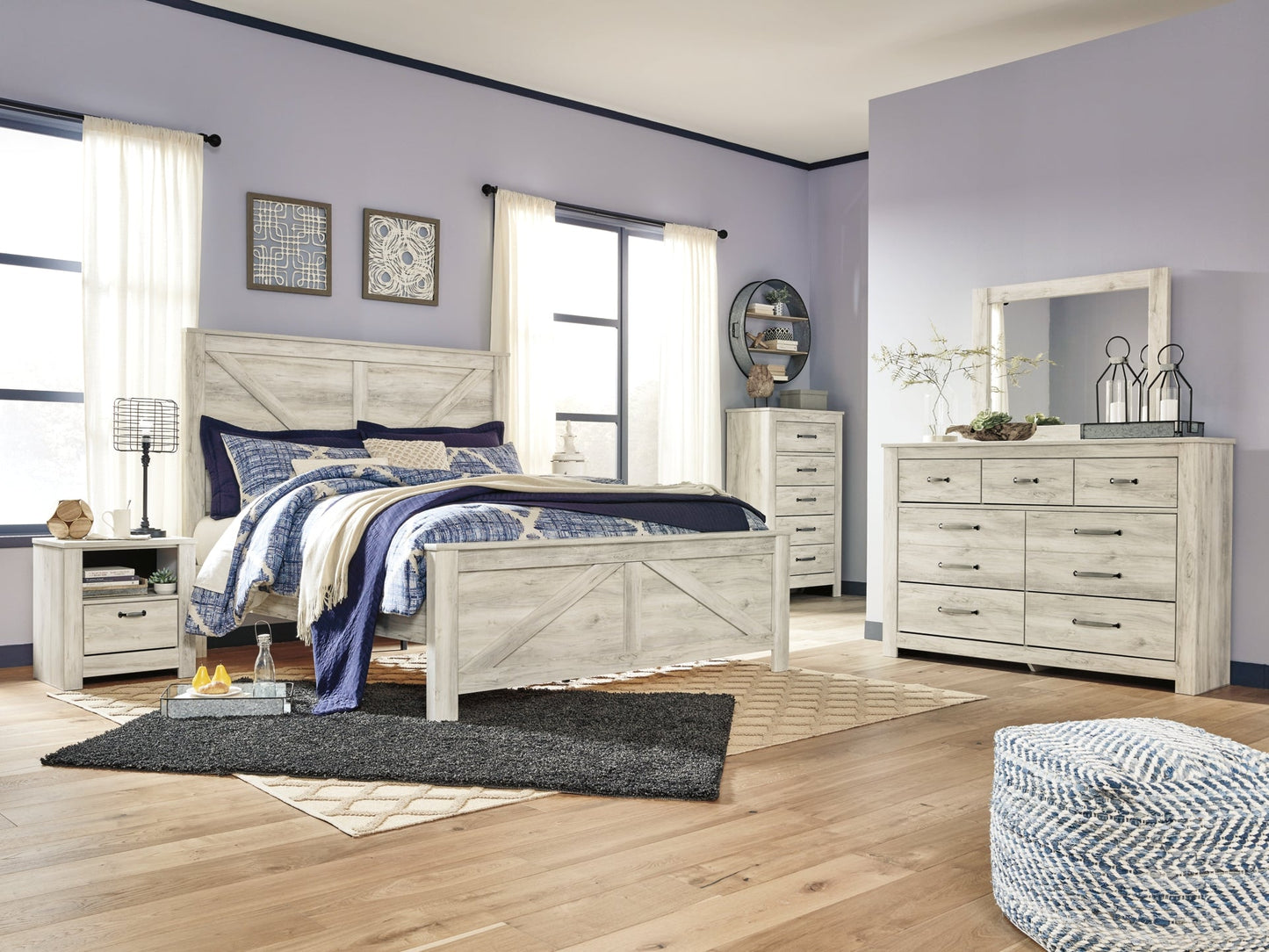 Bellaby Queen Crossbuck Panel Bed with Mirrored Dresser, Chest and Nightstand Rent Wise Rent To Own Jacksonville, Florida