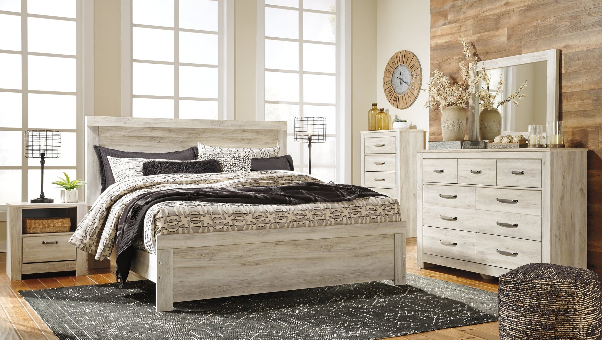 Bellaby Queen Panel Bed with Mirrored Dresser, Chest and Nightstand Rent Wise Rent To Own Jacksonville, Florida