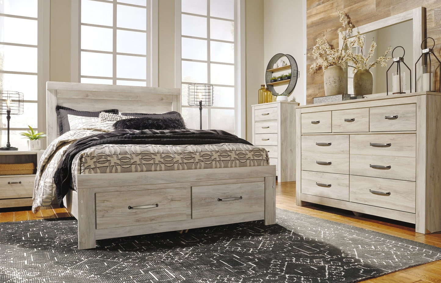 Bellaby Queen Panel Headboard with Mirrored Dresser, Chest and Nightstand Rent Wise Rent To Own Jacksonville, Florida