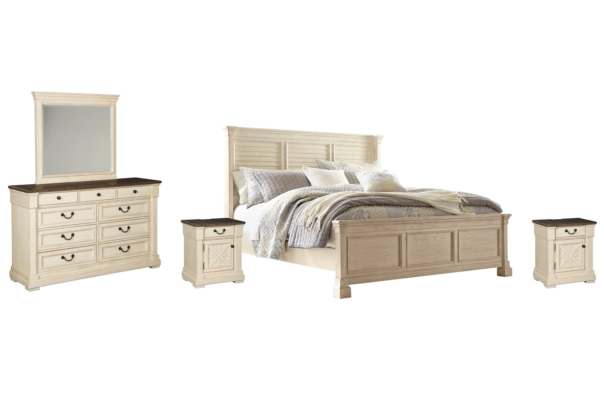 Bolanburg California King Panel Bed with Mirrored Dresser and 2 Nightstands Rent Wise Rent To Own Jacksonville, Florida