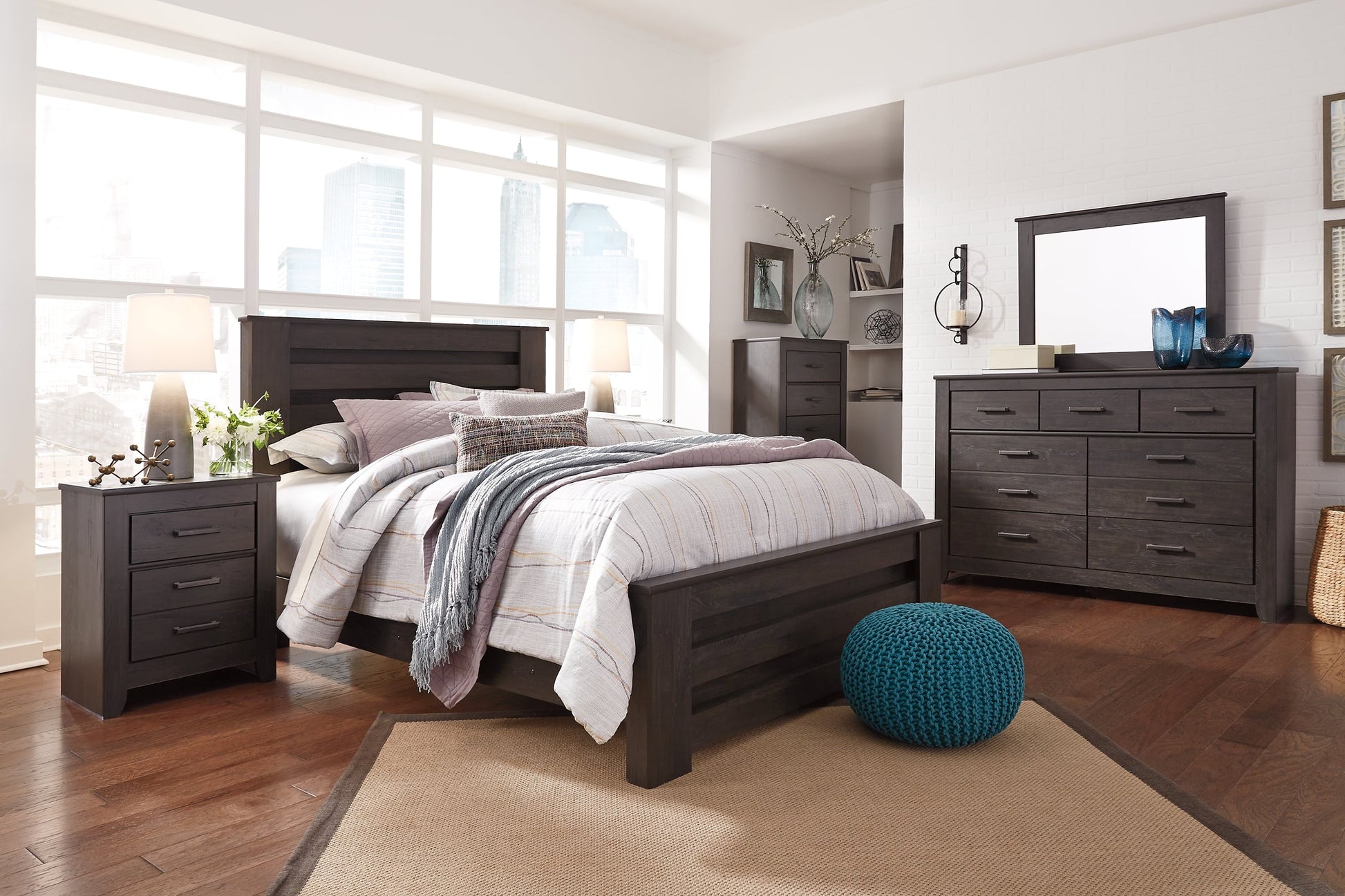 Brinxton King Panel Bed with Mirrored Dresser, Chest and 2 Nightstands Rent Wise Rent To Own Jacksonville, Florida