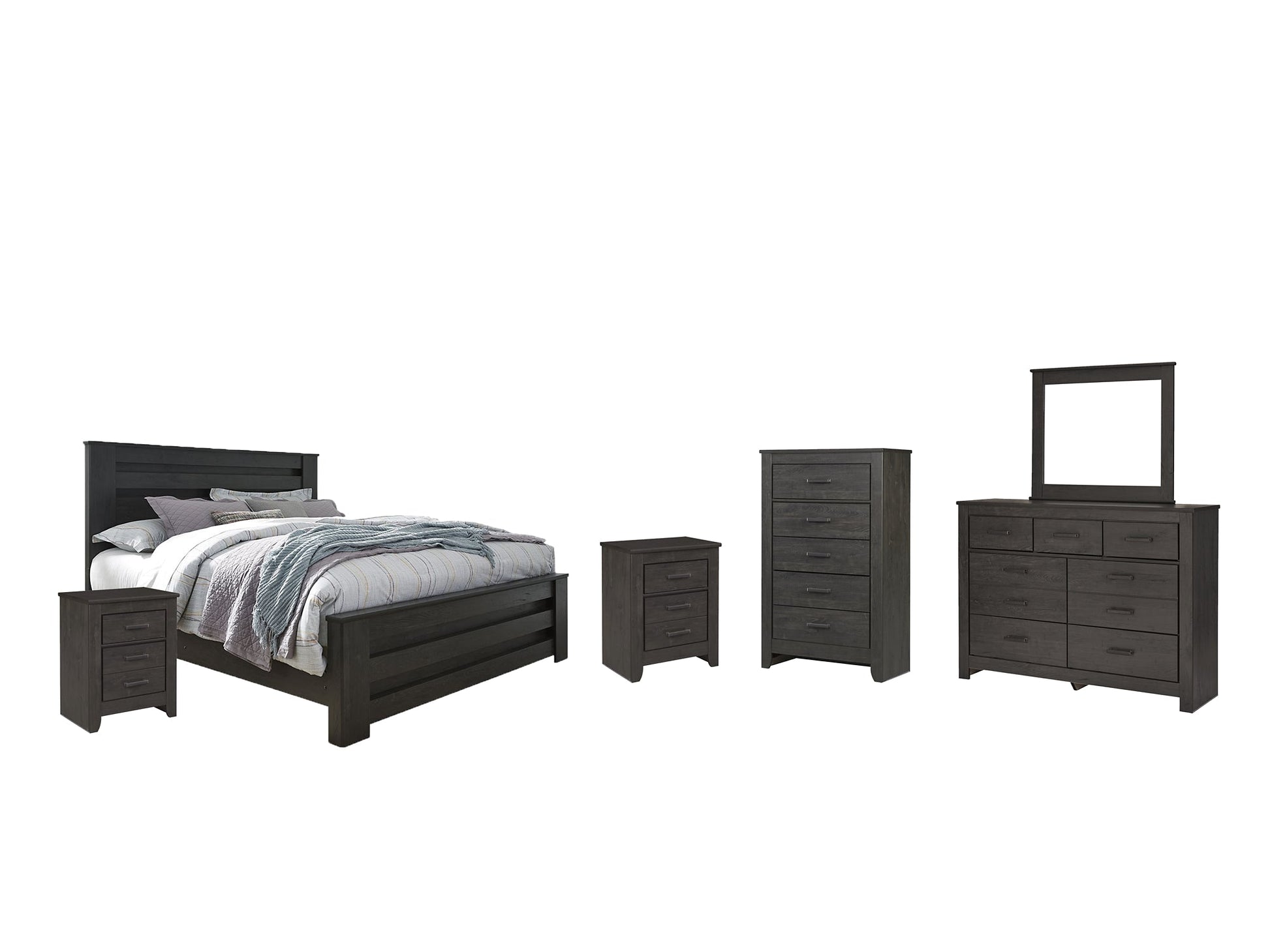 Brinxton King Panel Bed with Mirrored Dresser, Chest and 2 Nightstands Rent Wise Rent To Own Jacksonville, Florida