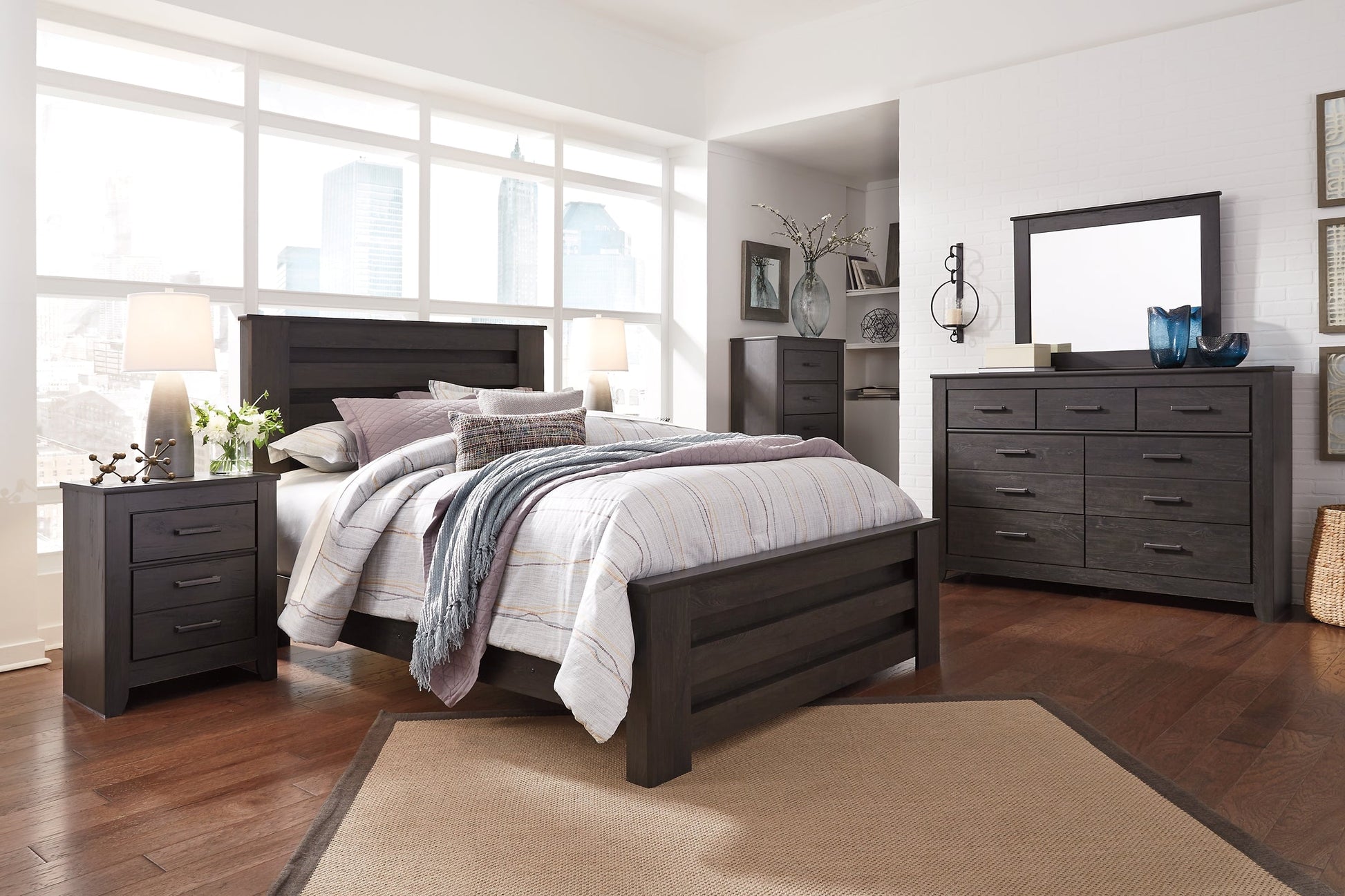 Brinxton Queen Panel Bed with Mirrored Dresser and Chest Rent Wise Rent To Own Jacksonville, Florida