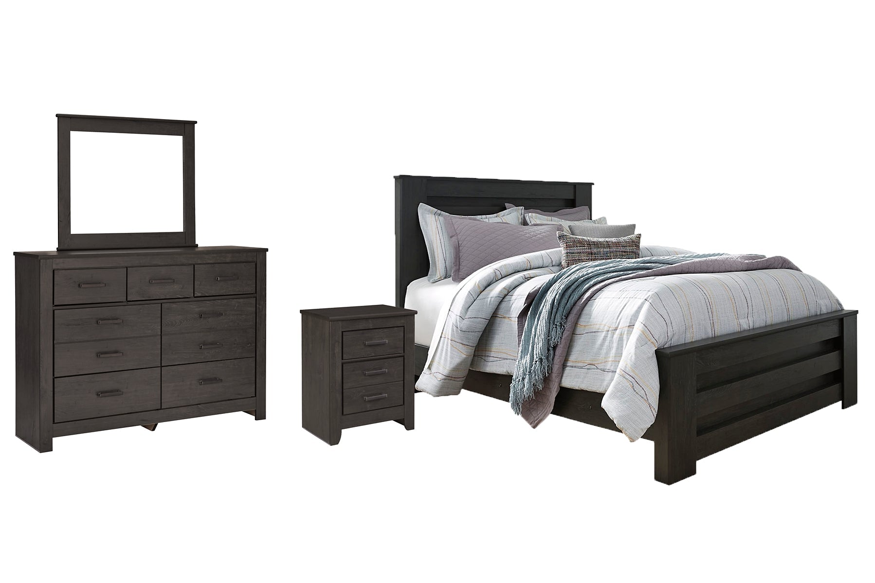 Brinxton Queen Panel Bed with Mirrored Dresser and Nightstand Rent Wise Rent To Own Jacksonville, Florida