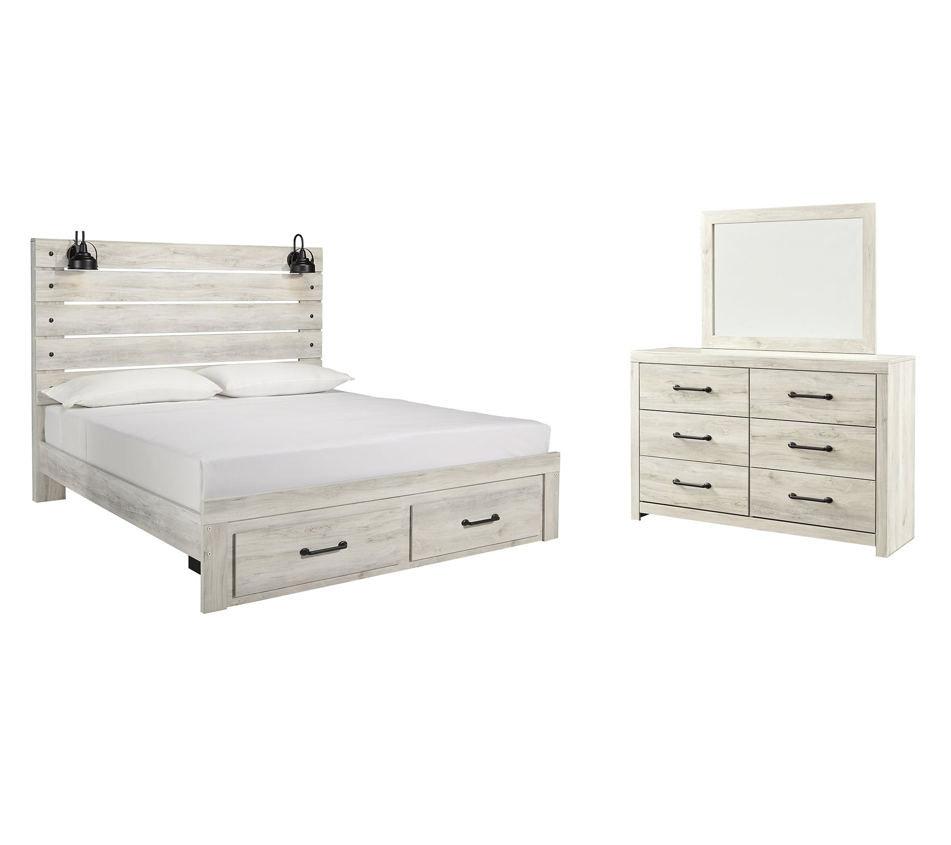 Cambeck King Panel Bed with 2 Storage Drawers with Mirrored Dresser Rent Wise Rent To Own Jacksonville, Florida
