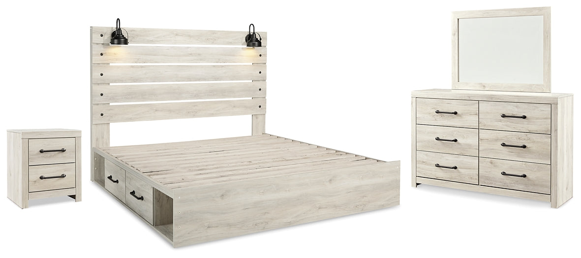 Cambeck King Panel Bed with 2 Storage Drawers with Mirrored Dresser and Nightstand Rent Wise Rent To Own Jacksonville, Florida