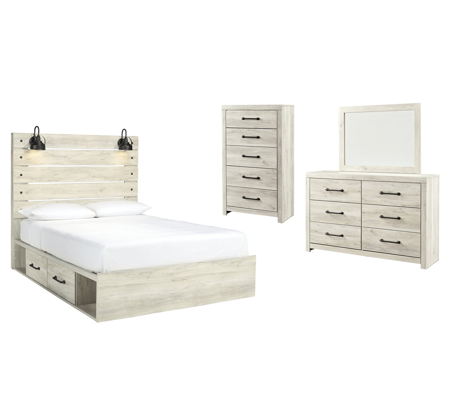 Cambeck Queen Panel Bed with 2 Storage Drawers with Mirrored Dresser and Chest Rent Wise Rent To Own Jacksonville, Florida