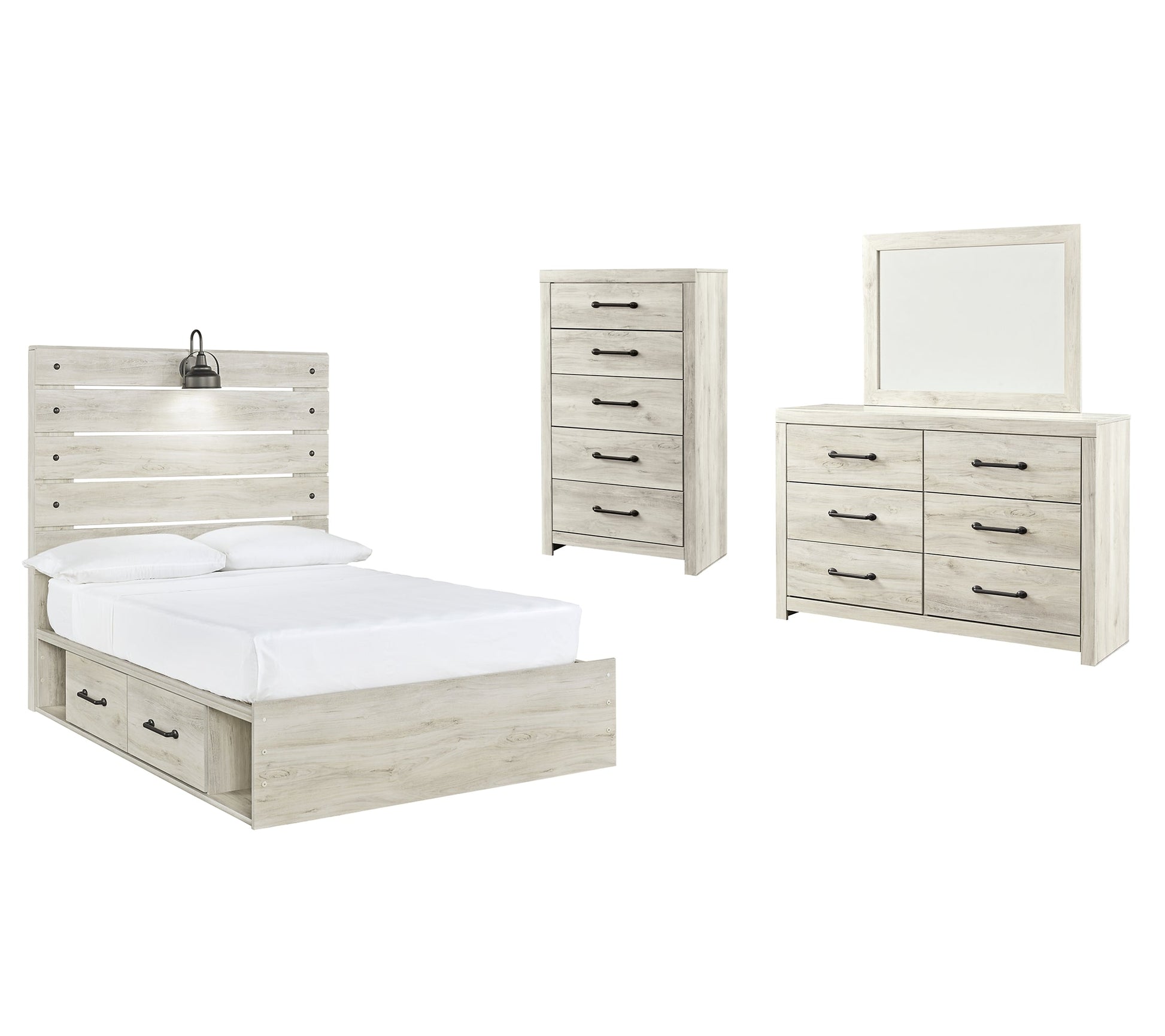 Cambeck Queen Panel Bed with 2 Storage Drawers with Mirrored Dresser and Chest Rent Wise Rent To Own Jacksonville, Florida
