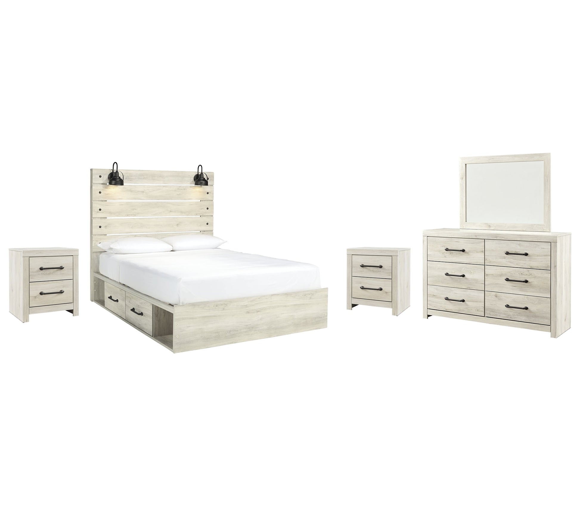 Cambeck Queen Panel Bed with 4 Storage Drawers with Mirrored Dresser and 2 Nightstands Rent Wise Rent To Own Jacksonville, Florida