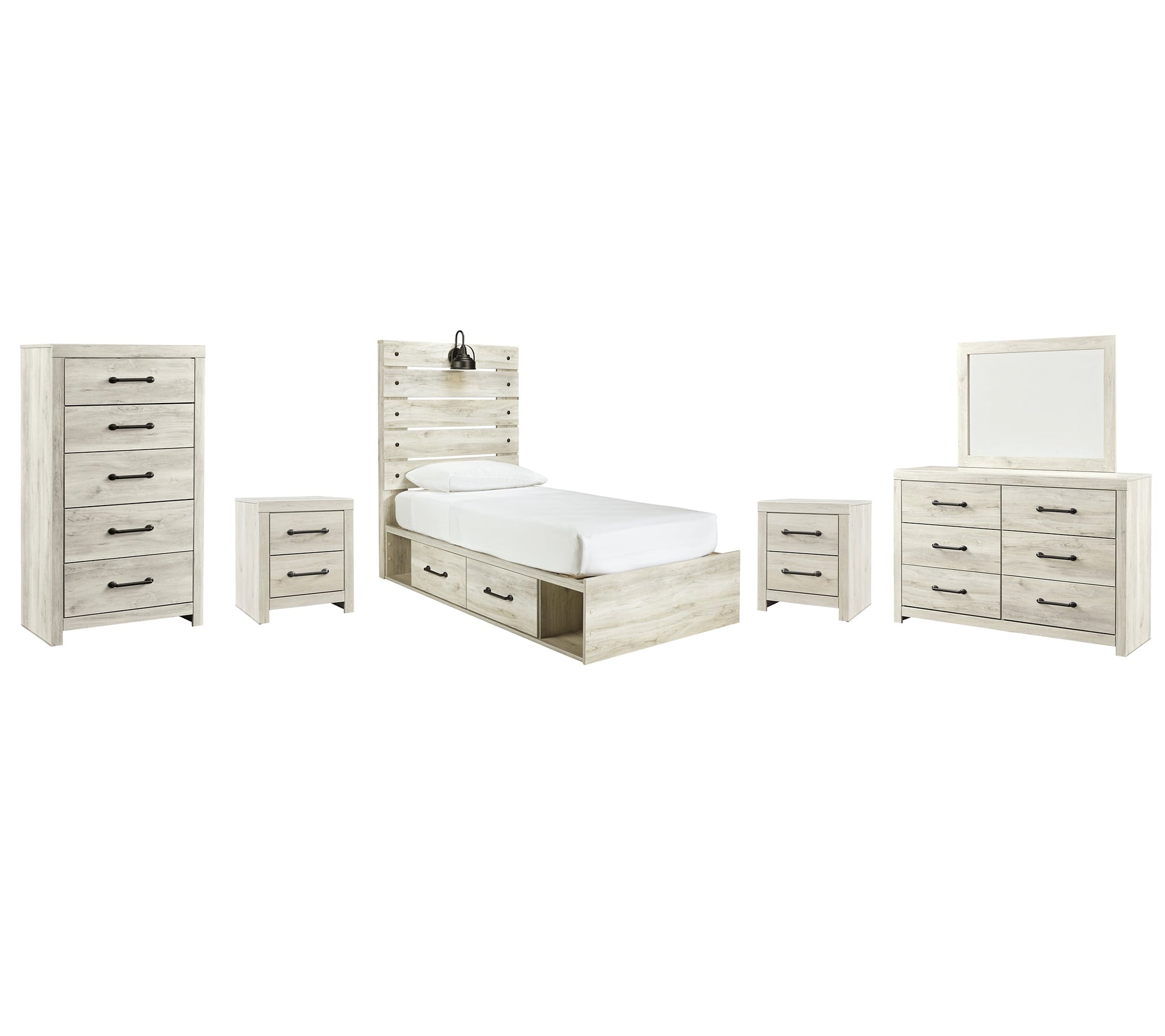 Cambeck Twin Panel Bed with 4 Storage Drawers with Mirrored Dresser, Chest and 2 Nightstands Rent Wise Rent To Own Jacksonville, Florida