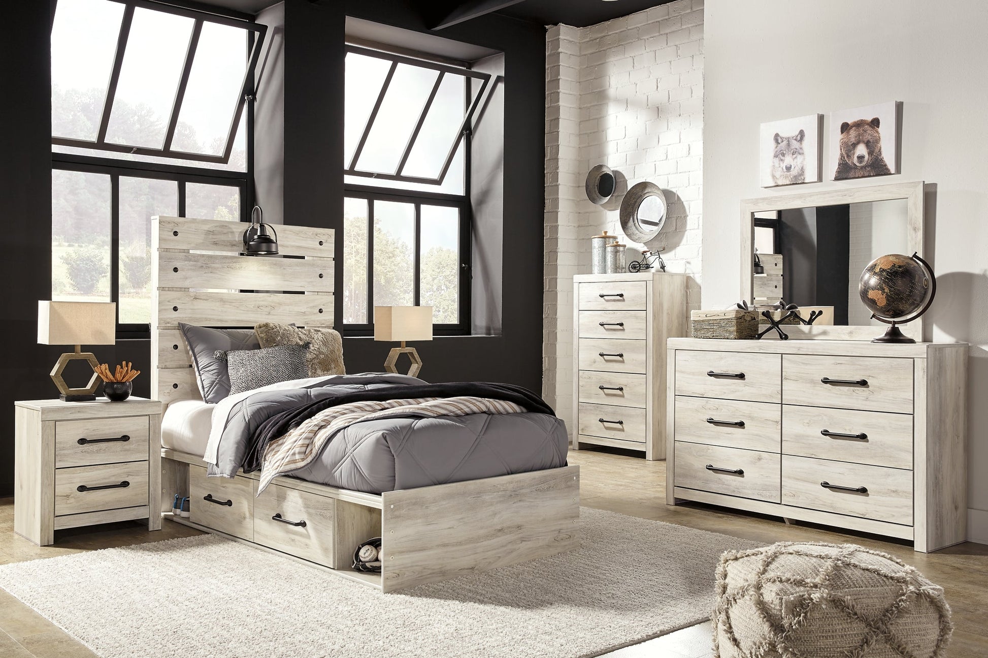 Cambeck Twin Panel Bed with 4 Storage Drawers with Mirrored Dresser, Chest and Nightstand Rent Wise Rent To Own Jacksonville, Florida