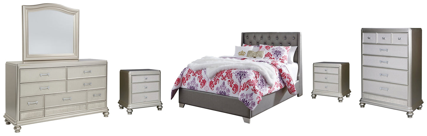 Coralayne Full Upholstered Bed with Mirrored Dresser, Chest and 2 Nightstands Rent Wise Rent To Own Jacksonville, Florida