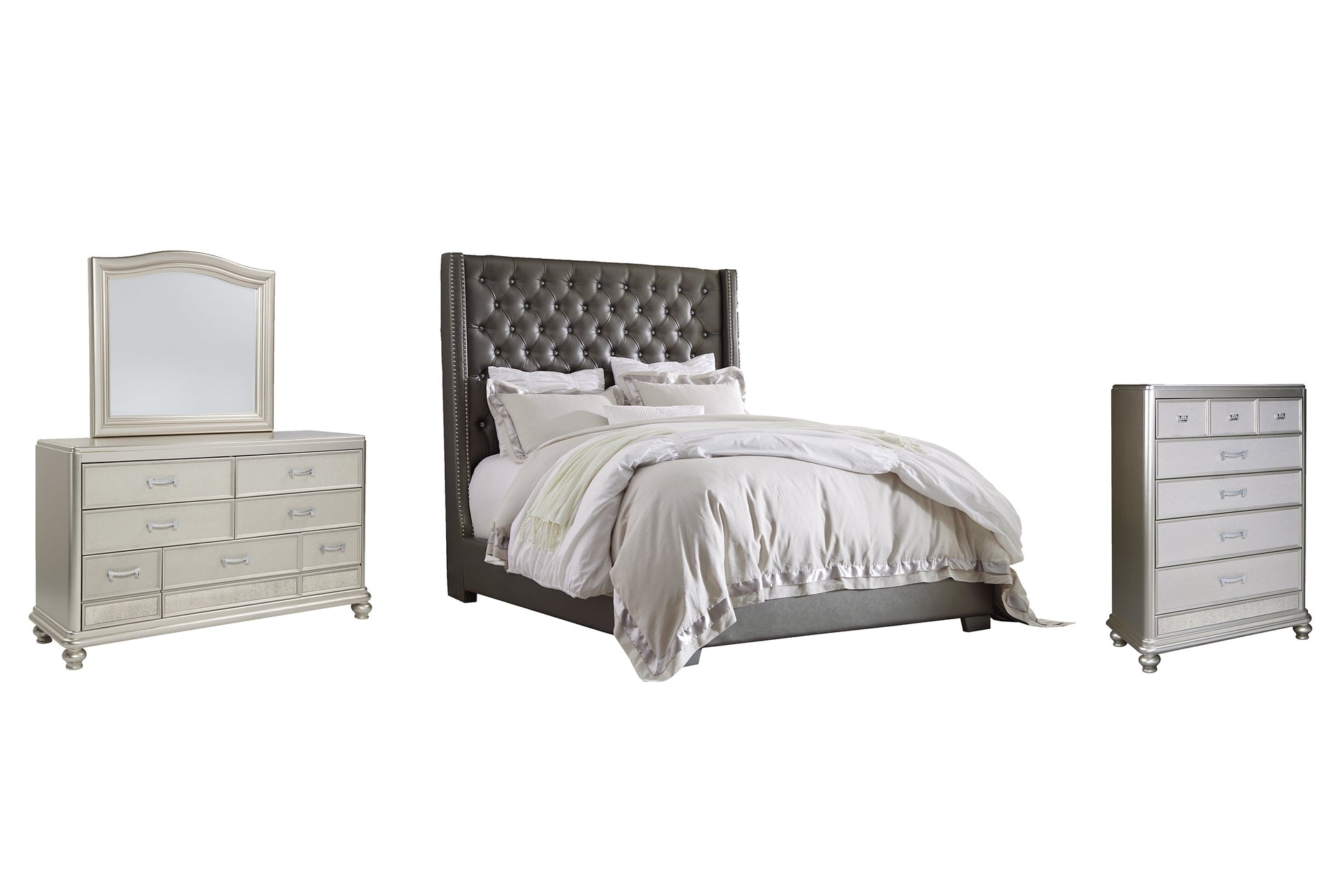 Coralayne Queen Upholstered Bed with Mirrored Dresser and Chest Rent Wise Rent To Own Jacksonville, Florida