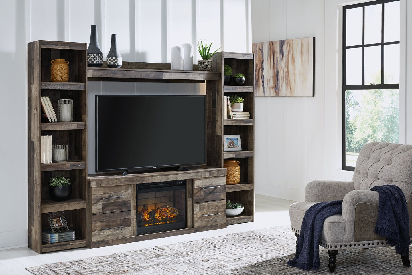 Derekson 4-Piece Entertainment Center with Electric Fireplace Rent Wise Rent To Own Jacksonville, Florida