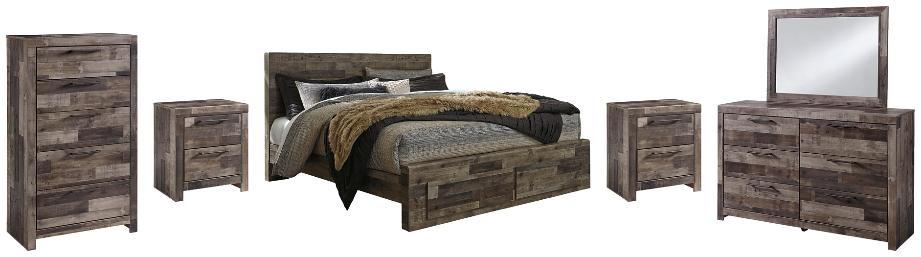 Derekson King Panel Bed with 2 Storage Drawers with Mirrored Dresser, Chest and 2 Nightstands Rent Wise Rent To Own Jacksonville, Florida