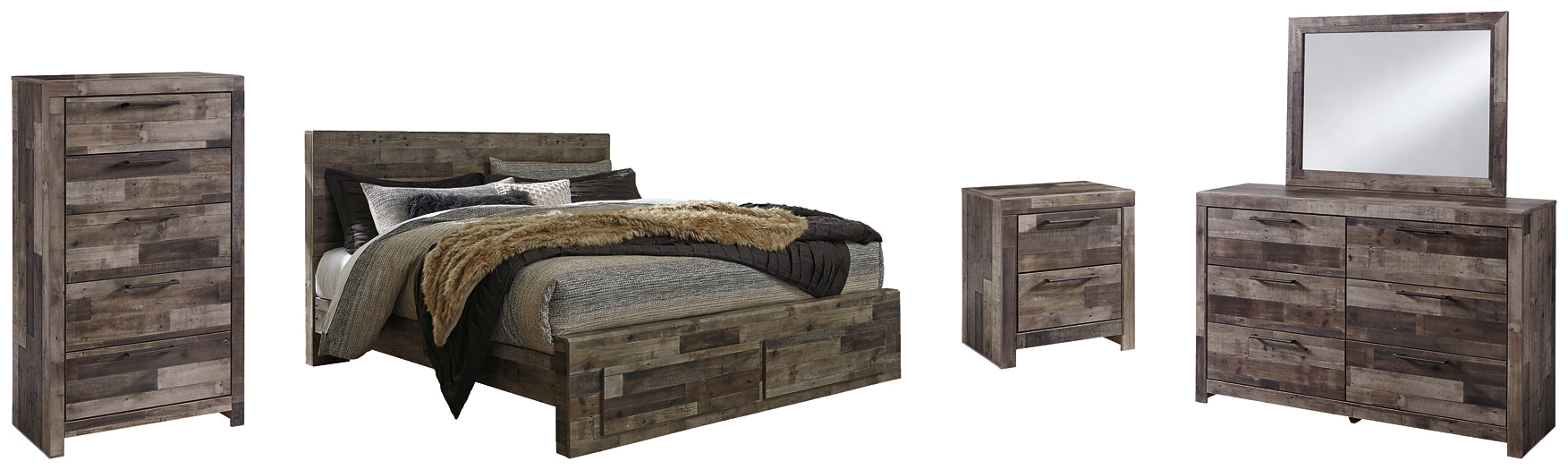 Derekson King Panel Bed with 2 Storage Drawers with Mirrored Dresser, Chest and Nightstand Rent Wise Rent To Own Jacksonville, Florida