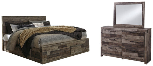 Derekson King Panel Bed with 2 Storage Drawers with Mirrored Dresser Rent Wise Rent To Own Jacksonville, Florida