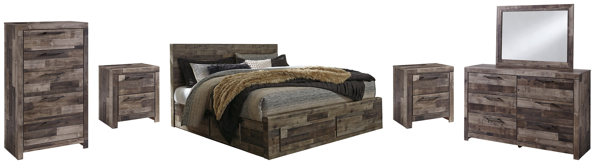 Derekson King Panel Bed with 4 Storage Drawers with Mirrored Dresser, Chest and 2 Nightstands Rent Wise Rent To Own Jacksonville, Florida