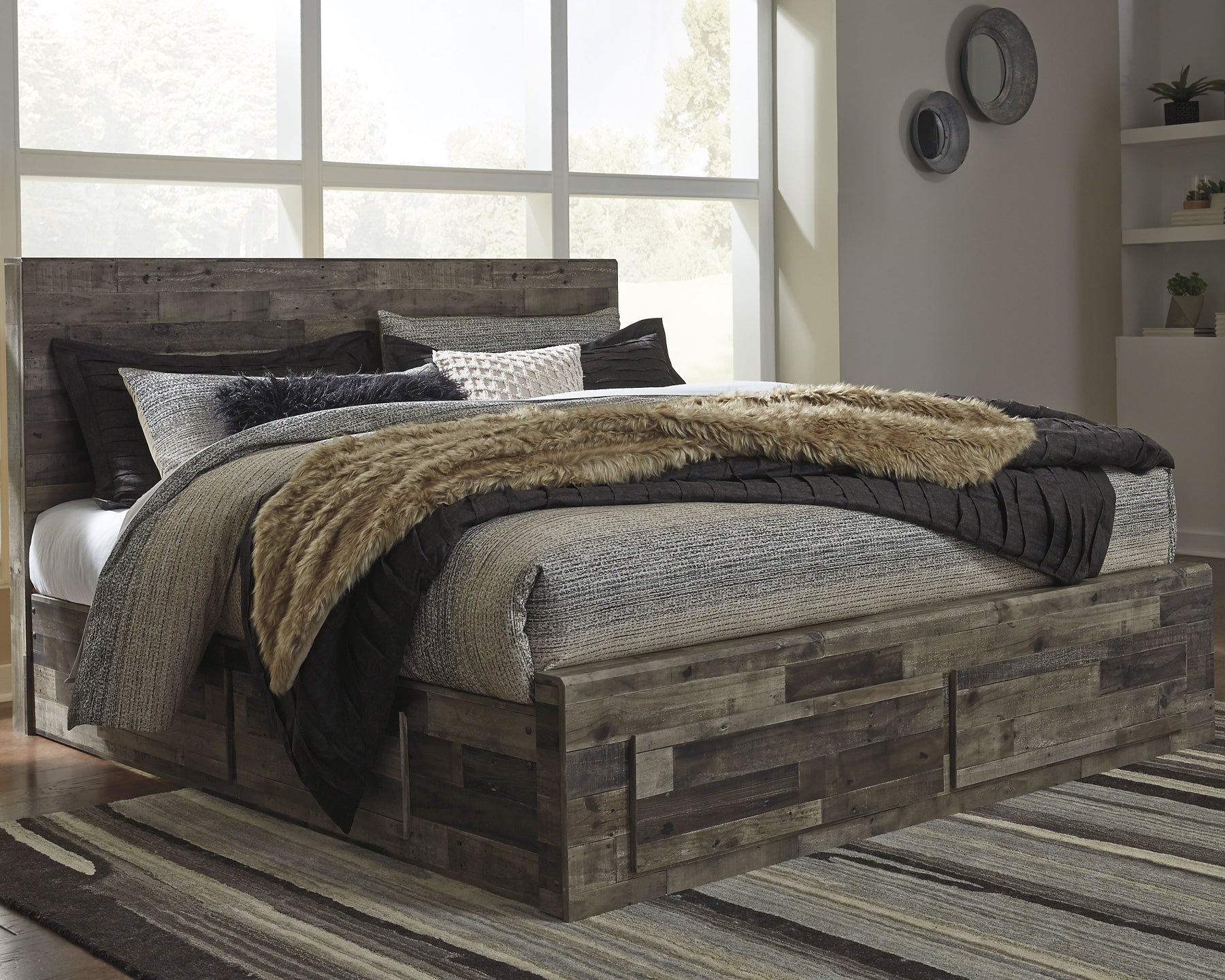 Derekson King Panel Bed with 4 Storage Drawers with Mirrored Dresser, Chest and 2 Nightstands Rent Wise Rent To Own Jacksonville, Florida