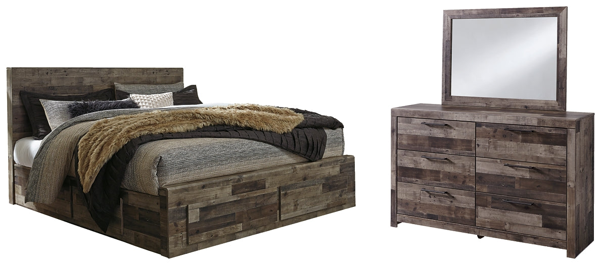 Derekson King Panel Bed with 4 Storage Drawers with Mirrored Dresser Rent Wise Rent To Own Jacksonville, Florida