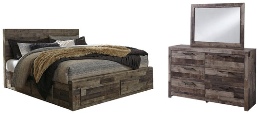 Derekson King Panel Bed with 4 Storage Drawers with Mirrored Dresser Rent Wise Rent To Own Jacksonville, Florida